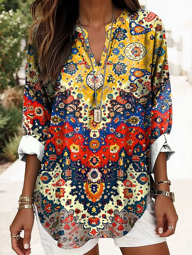 Women's Blouse Linen Like Breathable Lightweight Tunic V