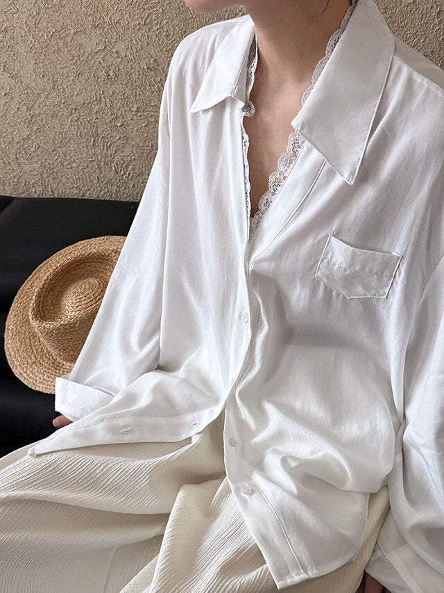 Women's Casual Shirt Button Up Shirt Blouse Lace Patchwork