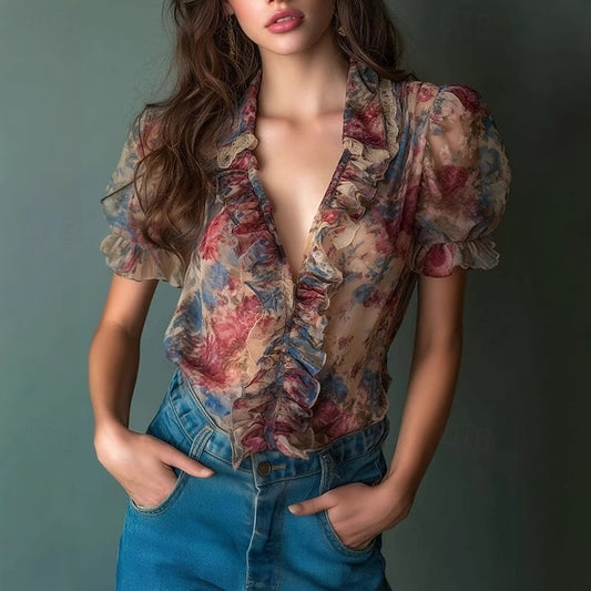 Women's Shirt Boho Shirt Blouse Ruffle Shirt Ruffle Floral