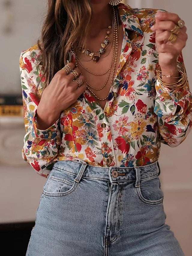Women's Shirt Pocket Buttons Print Floral Bohemia Stylish