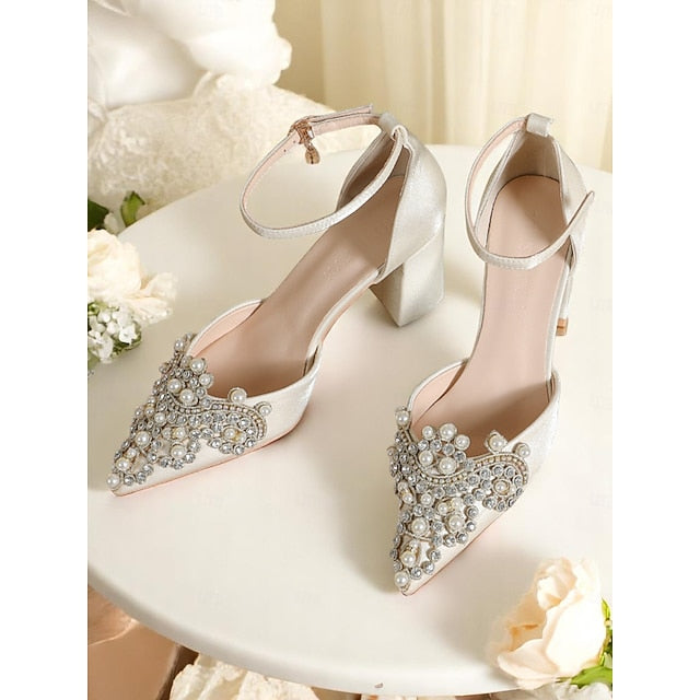 and Heel Block Pearl Wedding Embellished Women's Rhinestone