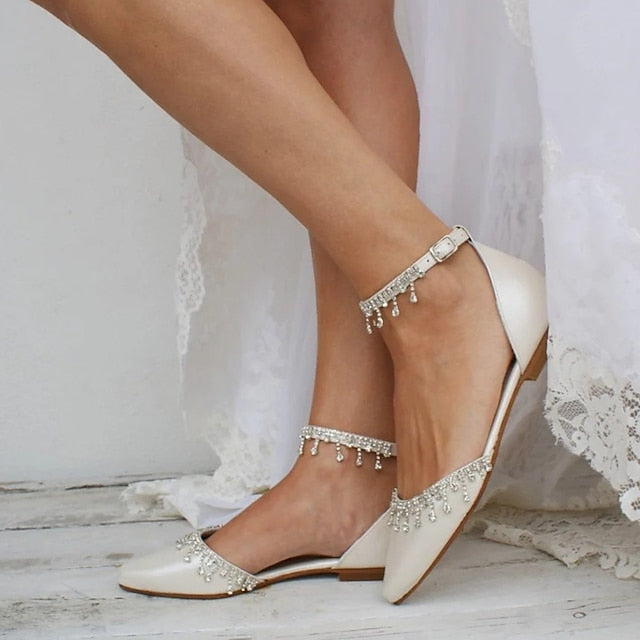 Elegant Wedding Shoes White Flats Women's Bridal with –