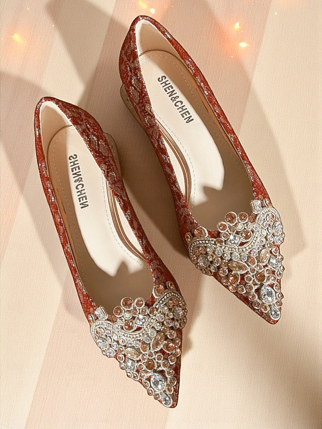 Embellished Pointed-Toe Women's Flats Red Rhinestone