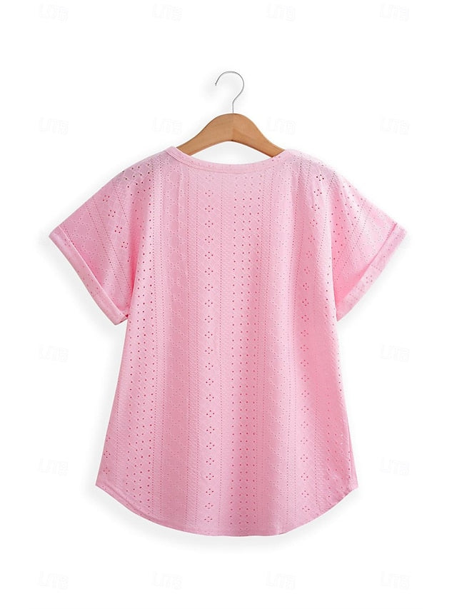 Women's Texture Blouse Eyelet Top Pointelle Tee Tunic