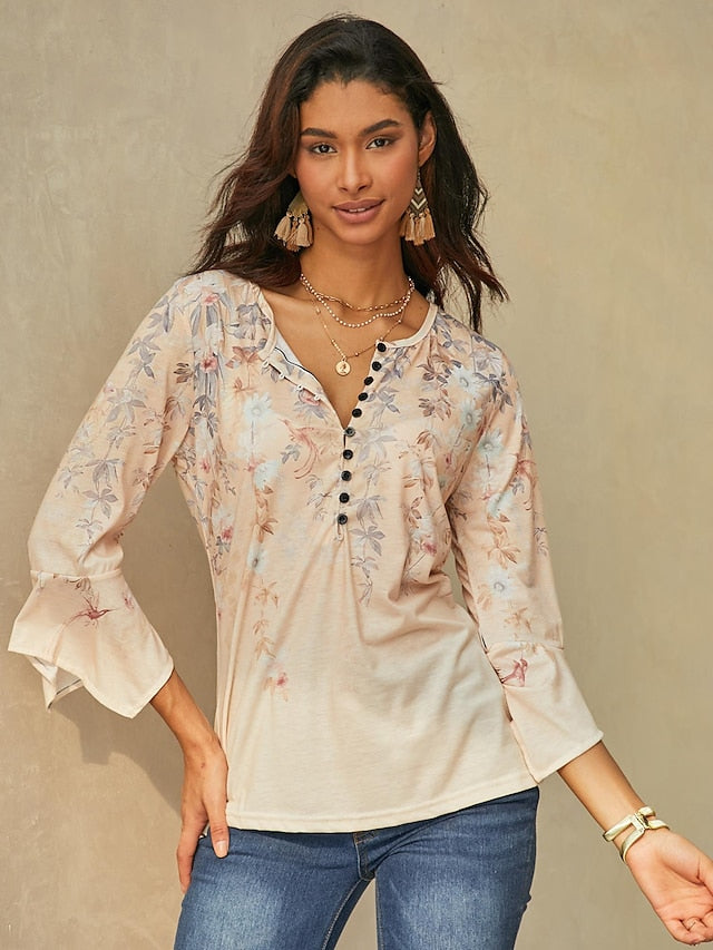 Women's T Shirt Basic Floral Buttons Print 3/4 Length