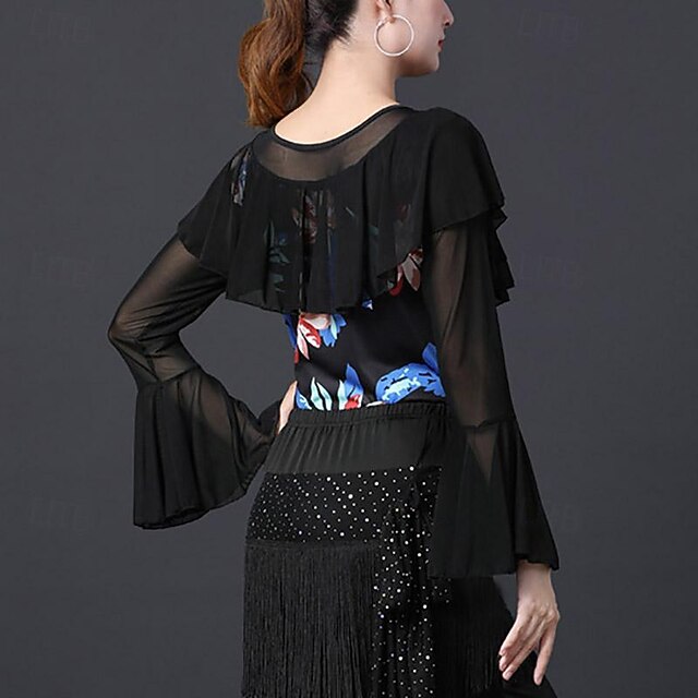 Latin Dance Ballroom Dance Top Printing Ruffles Splicing