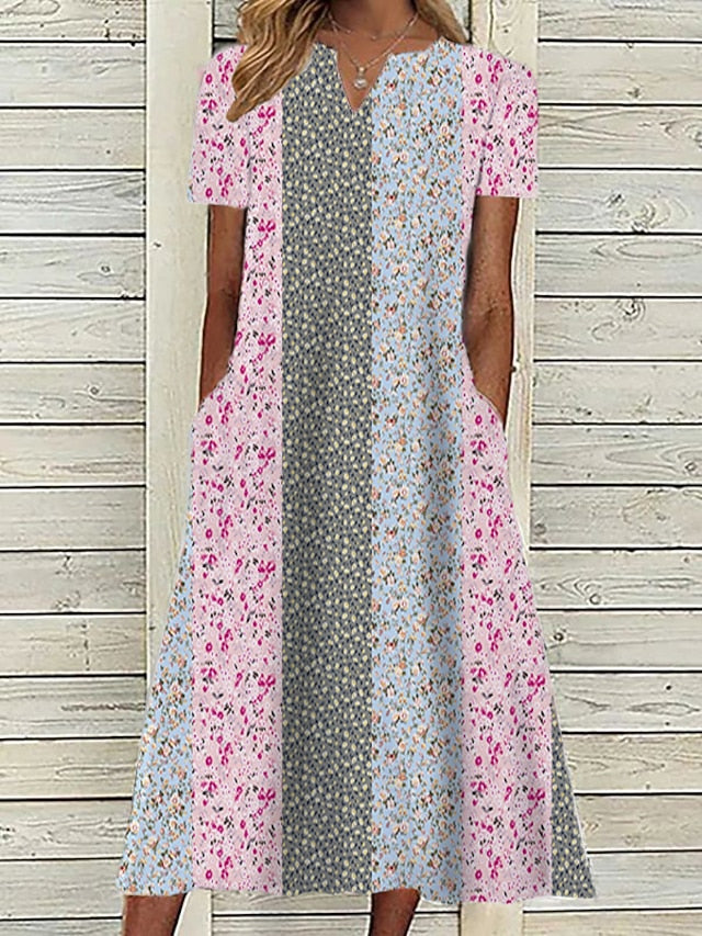 Women's Pink Dress Floral Graphic Print V Neck Midi Dress