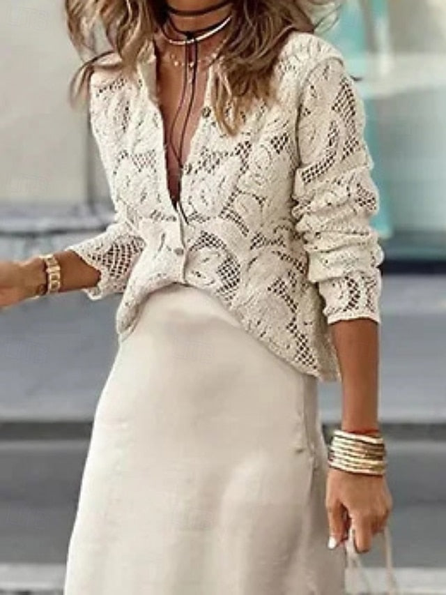 Women's Shirt Blouse Lace Plain Casual Long Sleeve Crew