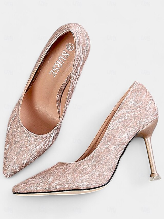 with Glitter Toe Pointed Champagne Stiletto Heels Women's