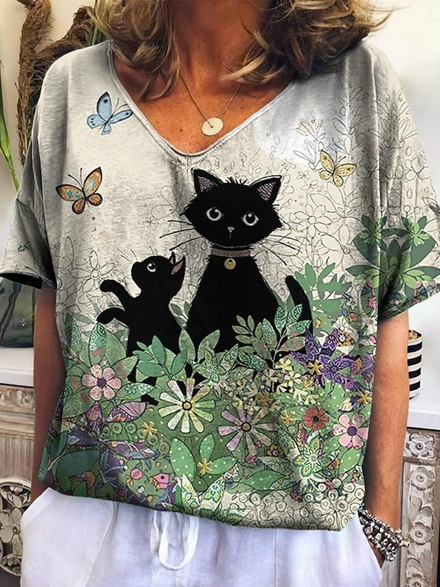 Women's T Shirt Floral Cat Fashion Modern Casual Short