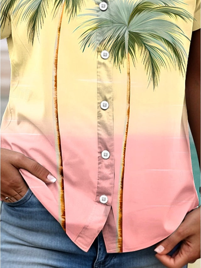 Women's Shirt V Neck Button Down Blouse Summer Tops Ombre