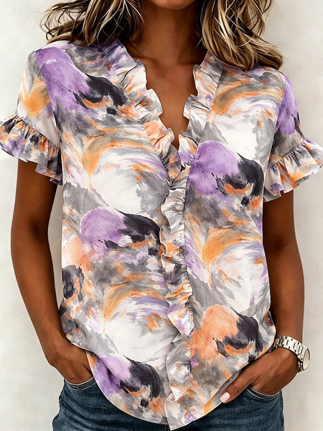 Women's Shirt Tunic Ruffle Ombre Graphic Abstract Elegant