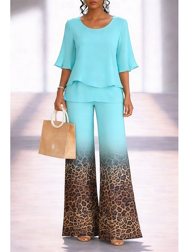 Women's Pants Sets Half Sleeve Butterfly Sleeve Round Neck