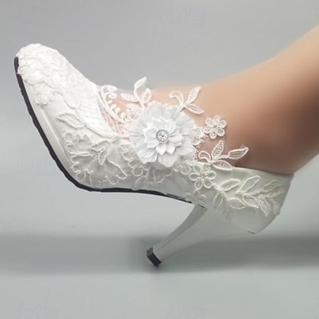 Floral Bridal Elegant Lace White Heels Women's – Wedding