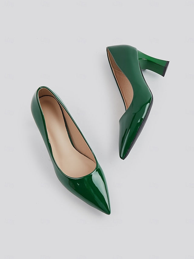 Glossy Heel Leather Pointed-Toe Patent Faux Block Pumps Green