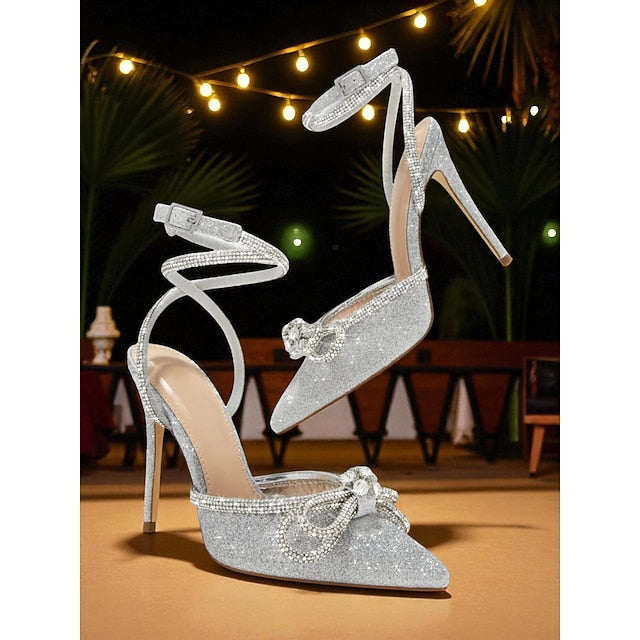 Satin Black Women's Stiletto with Heels Rhinestone Bow and