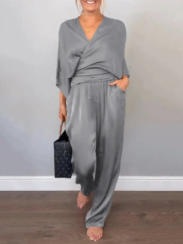 Women's Pants Sets Bolero Top Short Sleeve V Neck Plain