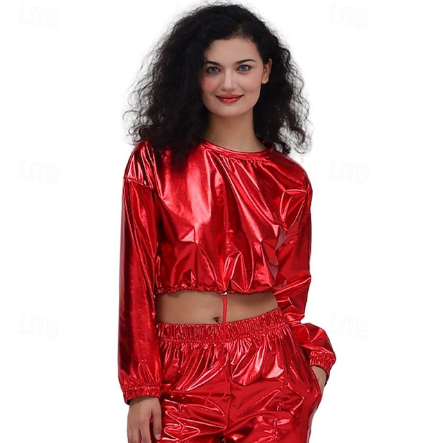 1980s Hip Hop Shiny Metallic Crop Top Sweatshirt Disco Fancy