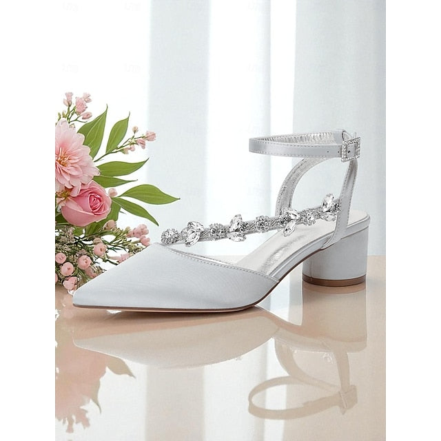 Heel Women's Purple Pumps Satin with Block Rhinestone