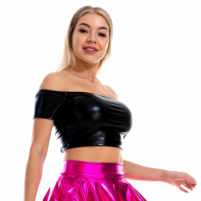 Metallic 1980s Shiny Latex Patent Crop Top PU Leather Off