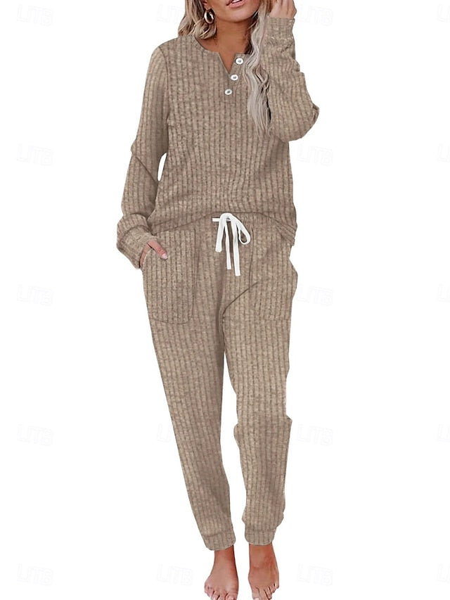 Women's Pants Sets Long Sleeve Crew Neck Solid Color