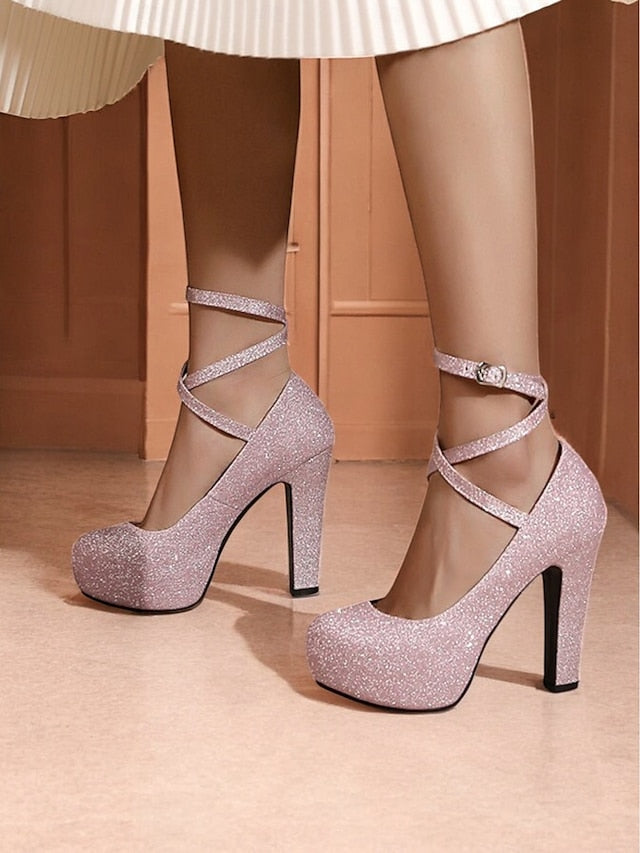 Women's Platform Strap Pink Glitter – with Ankle Heels