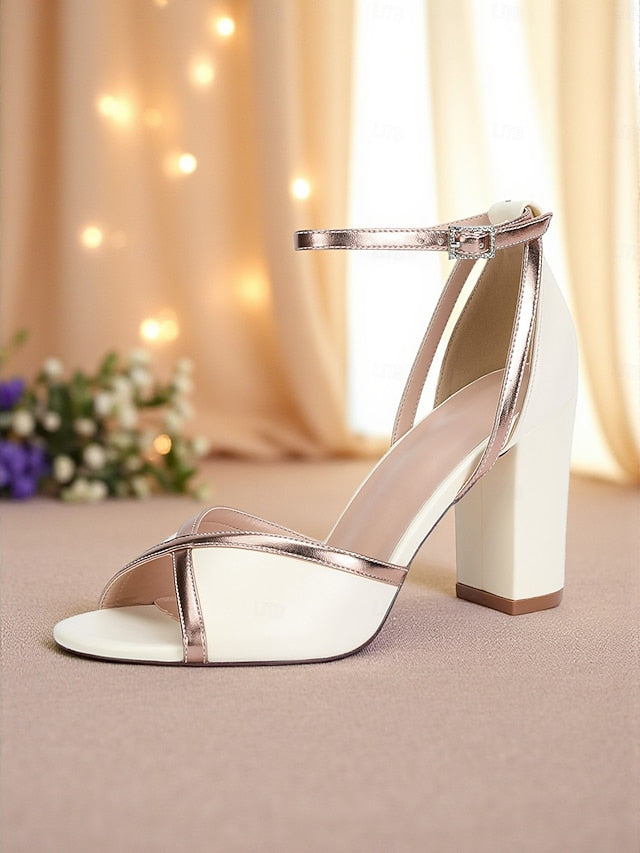 Strap with Metallic White Block Women's Heel Ankle Sandals