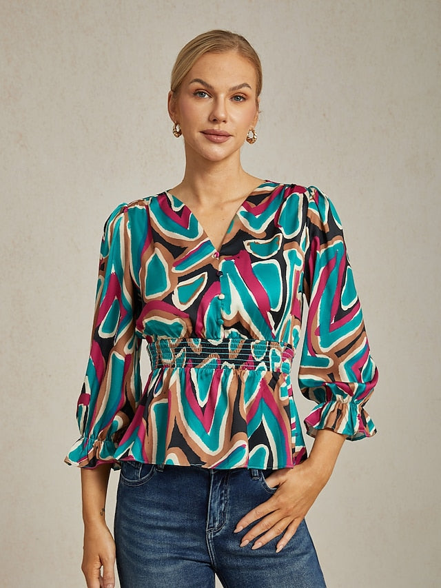 Colorful Abstract Print Satin Top with Cinched Waist