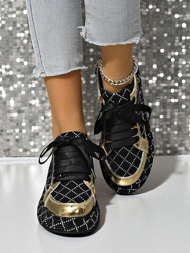 Sneakers - Quilted Black and Women's Silver Rhinestone