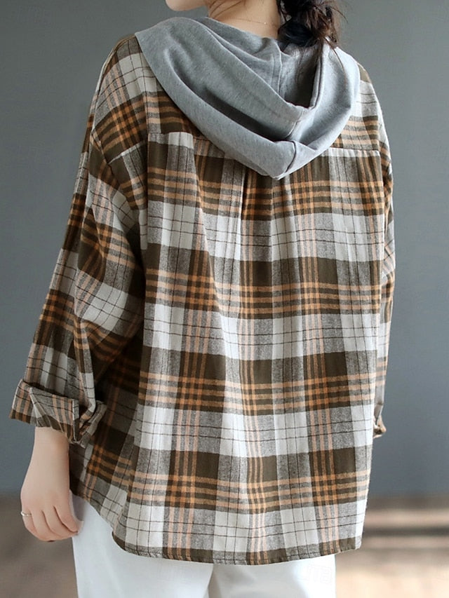 Women's Blouse Buttons Print Plaid Stylish Casual Long