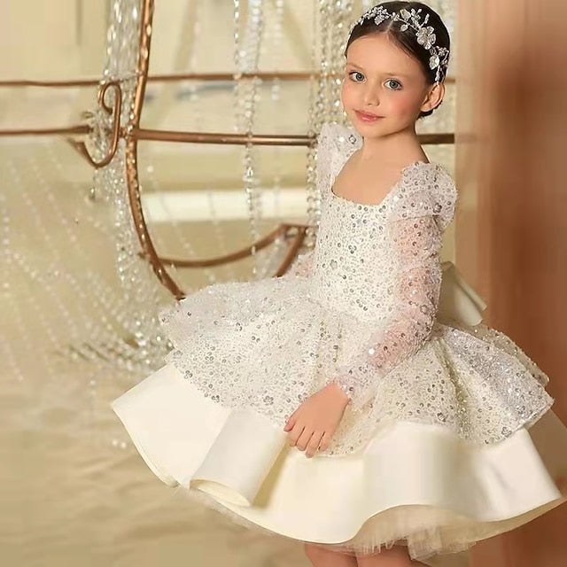 3D Girls' Fall Sleeve Dress Sequin Summer Long Spring