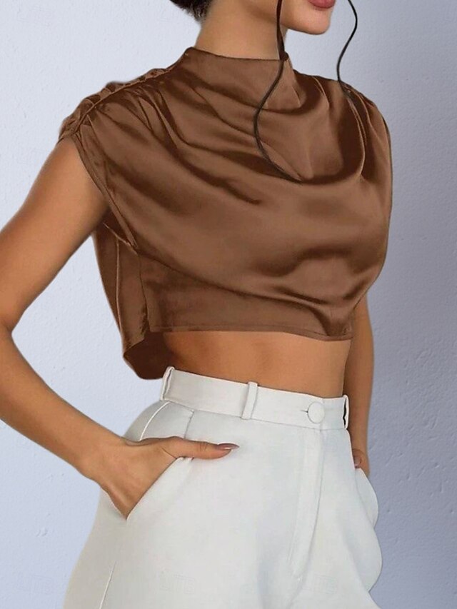 Women's Shirt Satin Shirt Blouse Wrap Crop Top Ruched Plain