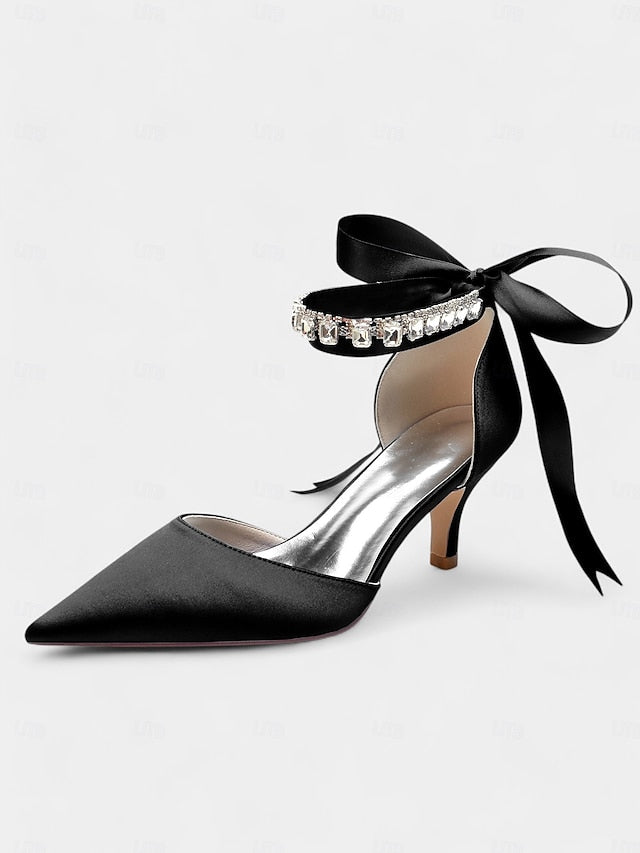 Heels Blue Ankle Strap Pointed-Kitten with and Rhinestone Satin