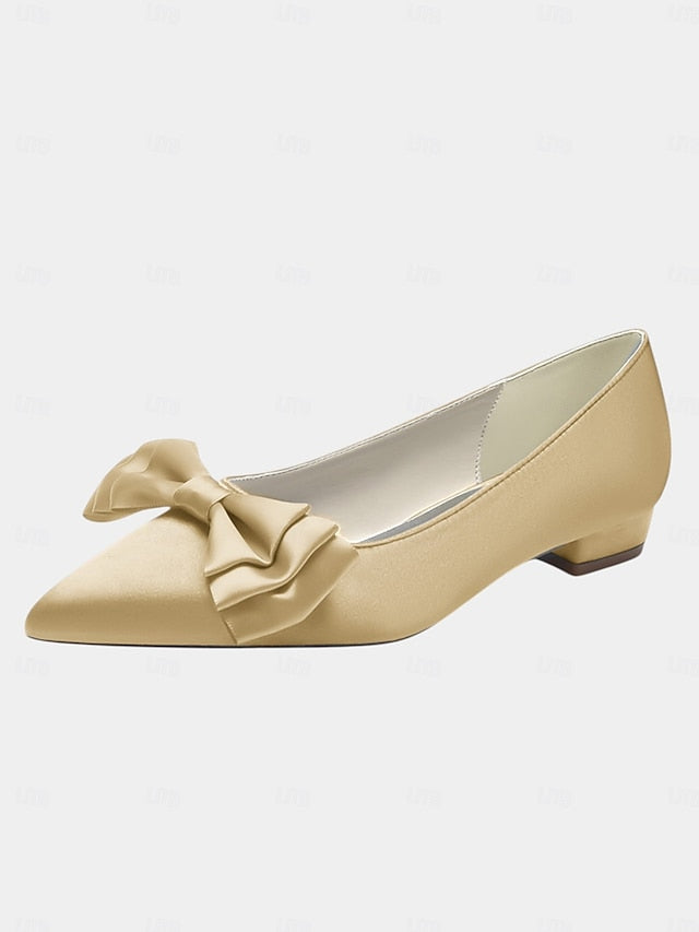 Women's Pointed Satin Bow Green - Flats Toe Elegant