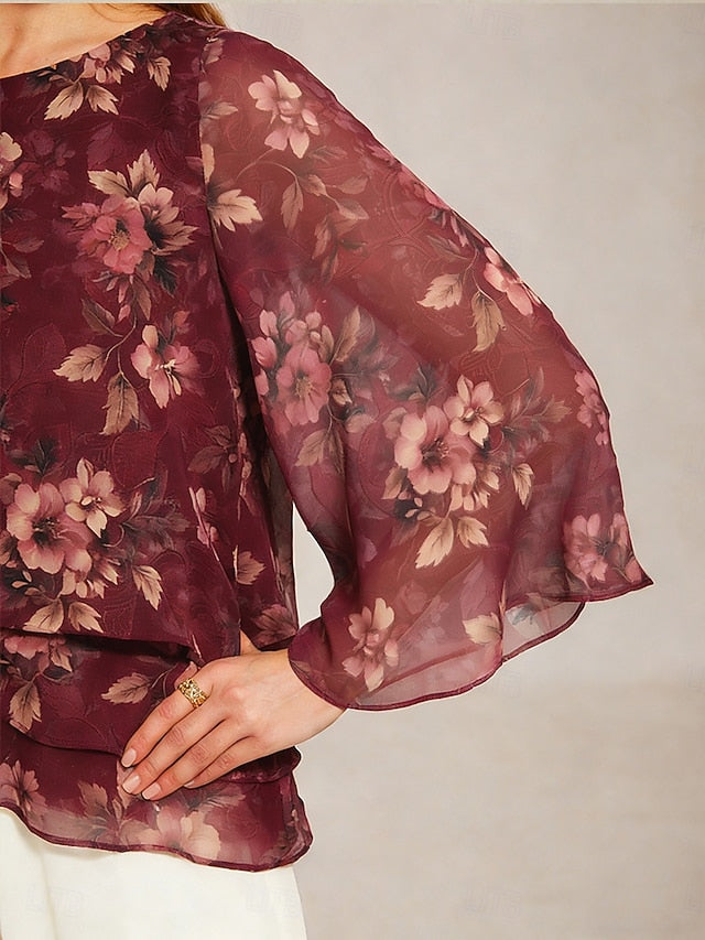 Women's Blouse Chiffon Tops Lace up Floral Elegant 3/4