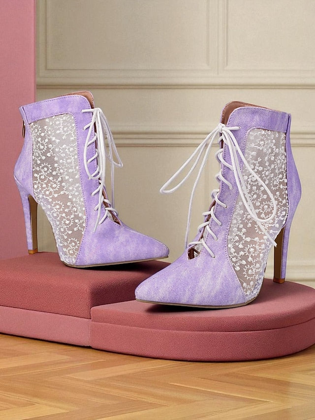 Heels Women's Stiletto Booties Mesh with White Lace Ankle