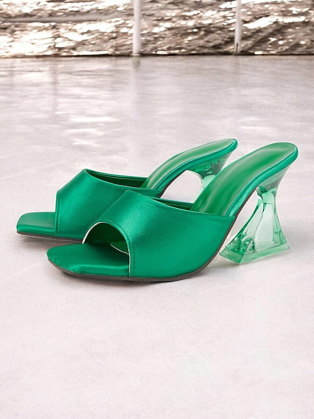 Satin for Block Open-Toe Green Mules Heels Transparent with