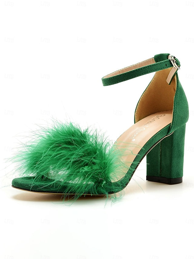 – Heel for Block Wedding Feather-Embellished Women Sandals