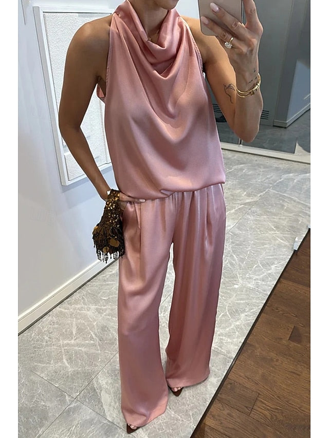 Women's Pants Sets Bolero Top Sleeveless Halter Neck Solid