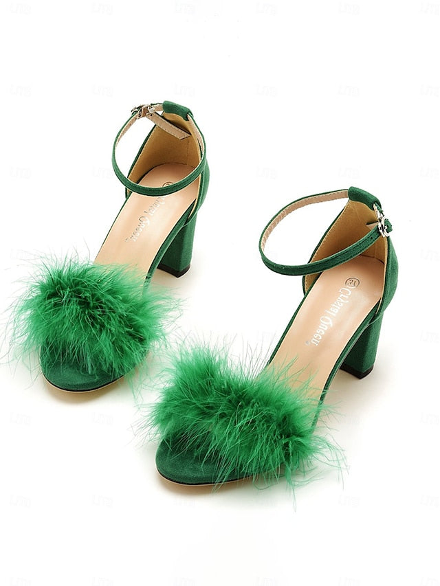 – Heel for Block Wedding Feather-Embellished Women Sandals