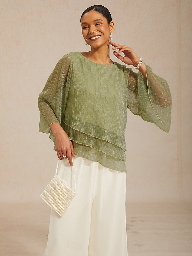 Women's Blouse Chiffon Tops Pleated Layered Metallic