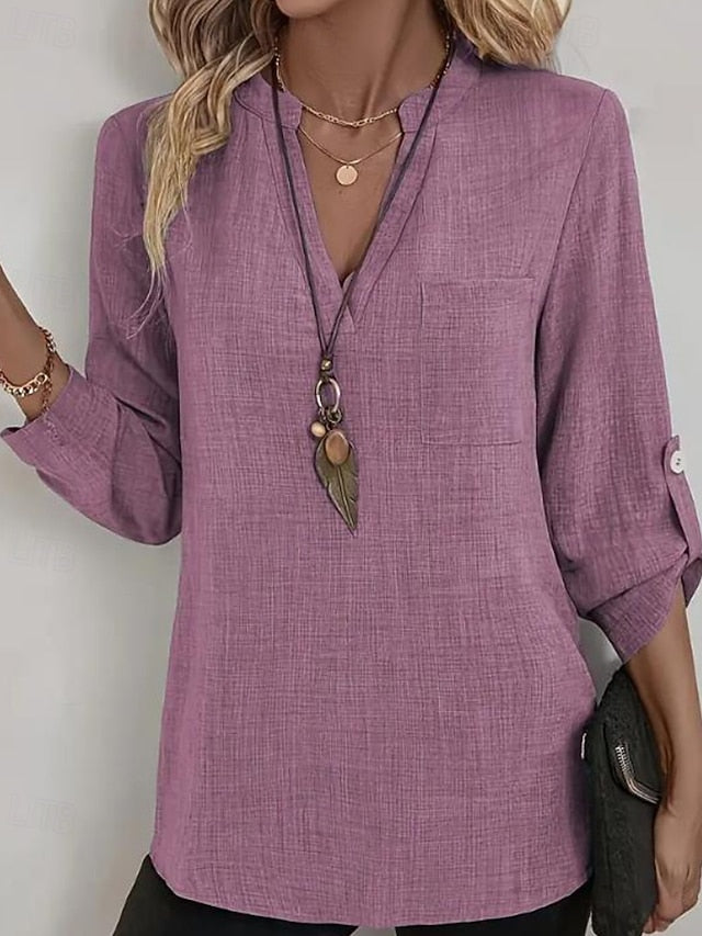 Women's Blouse Pocket Buttons Plain Casual Long Sleeve V