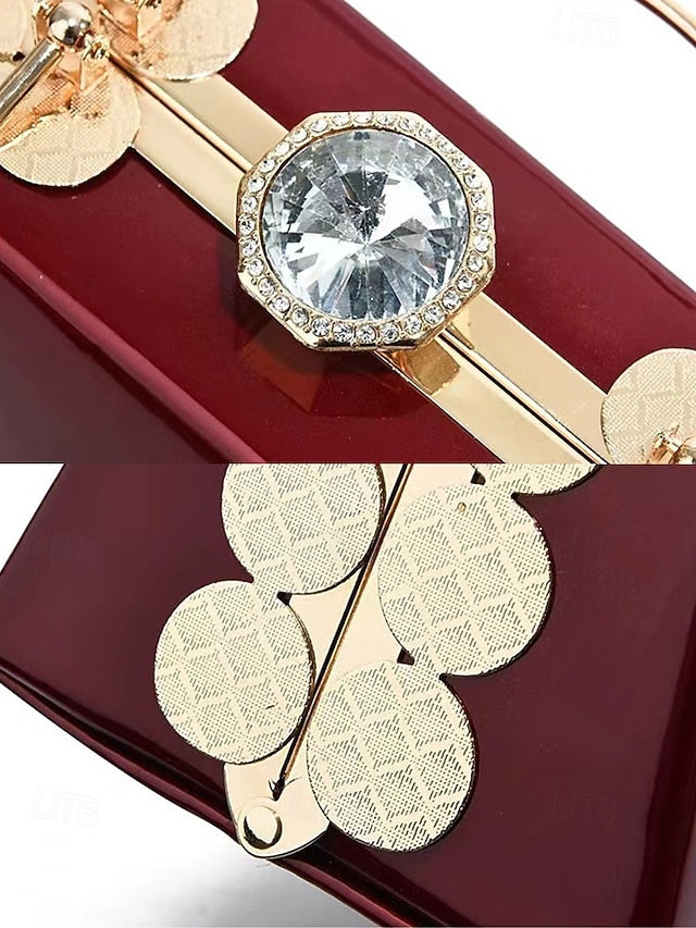 Evening Handbag Patent Burgundy with Leather Women's Gold