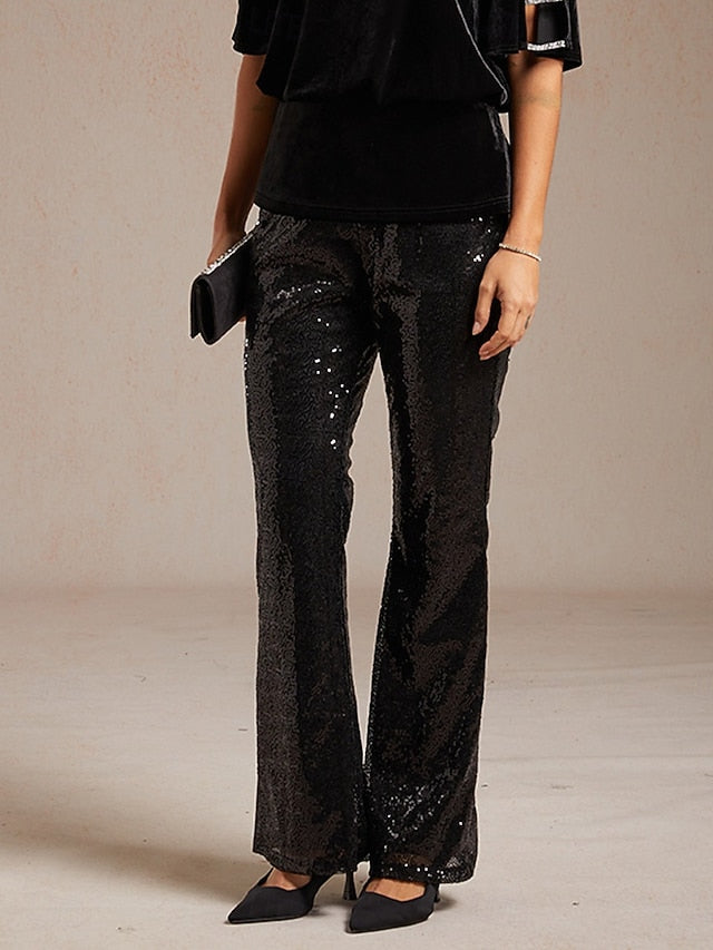 Women's Bell Bottom Elegant Full Length Mid Waist Sequins