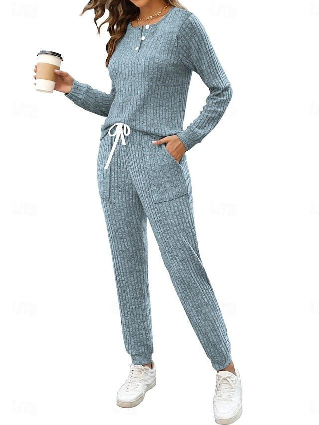 Women's Pants Sets Long Sleeve Crew Neck Solid Color