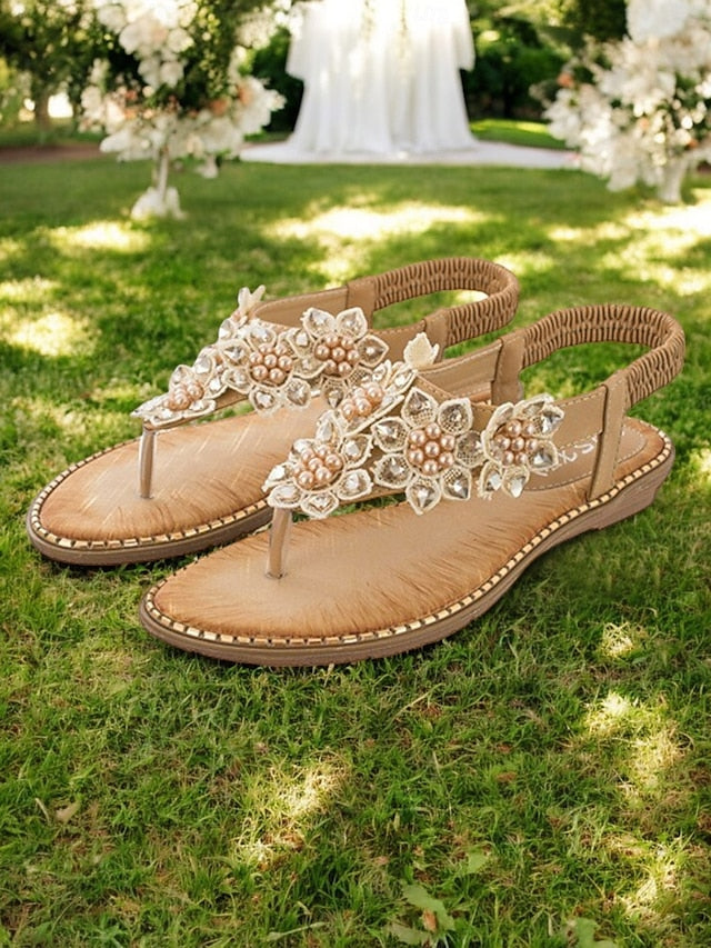 Beaded Comfortable Slip-Ons Floral Design with Flat