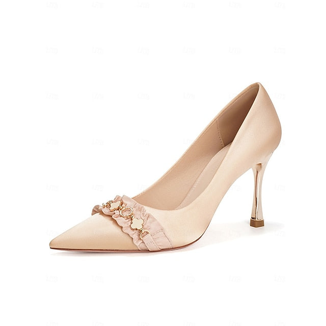 with Heel White Pumps Toe Ruffle High Women's Satin Pointed