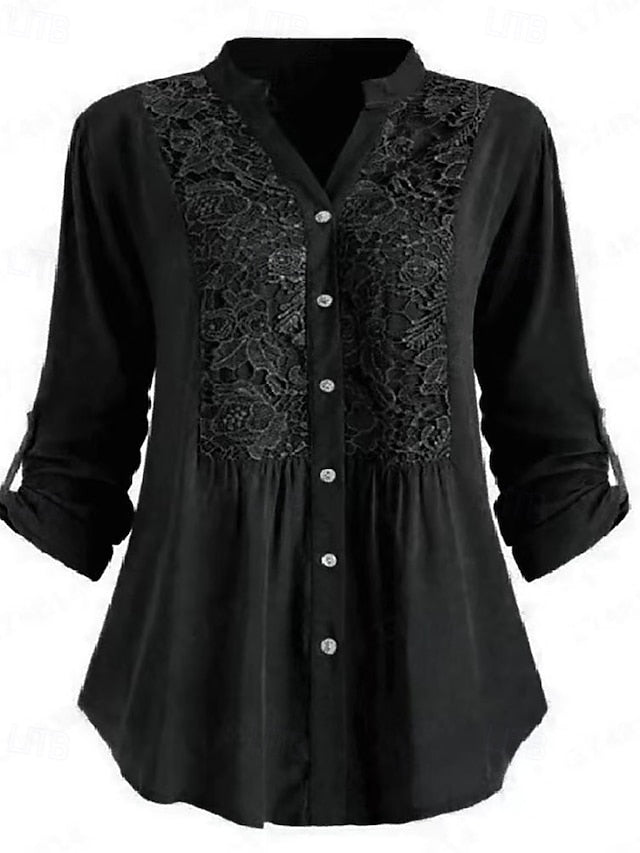 Women's Shirt Blouse Ruched Lace Buttons Plain Elegant