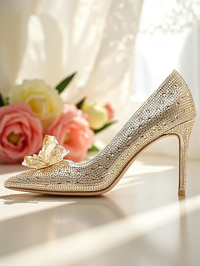 Gold Heel High Sparkly Women's Pumps - Crystal Embellished