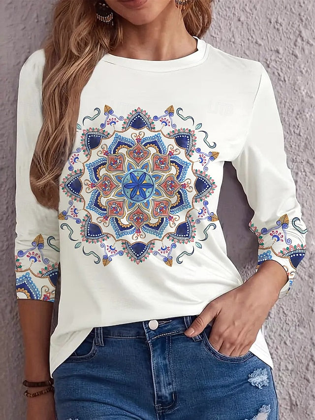 Women's T shirt Crew Neck Long Sleeve Tunic Letter Casual
